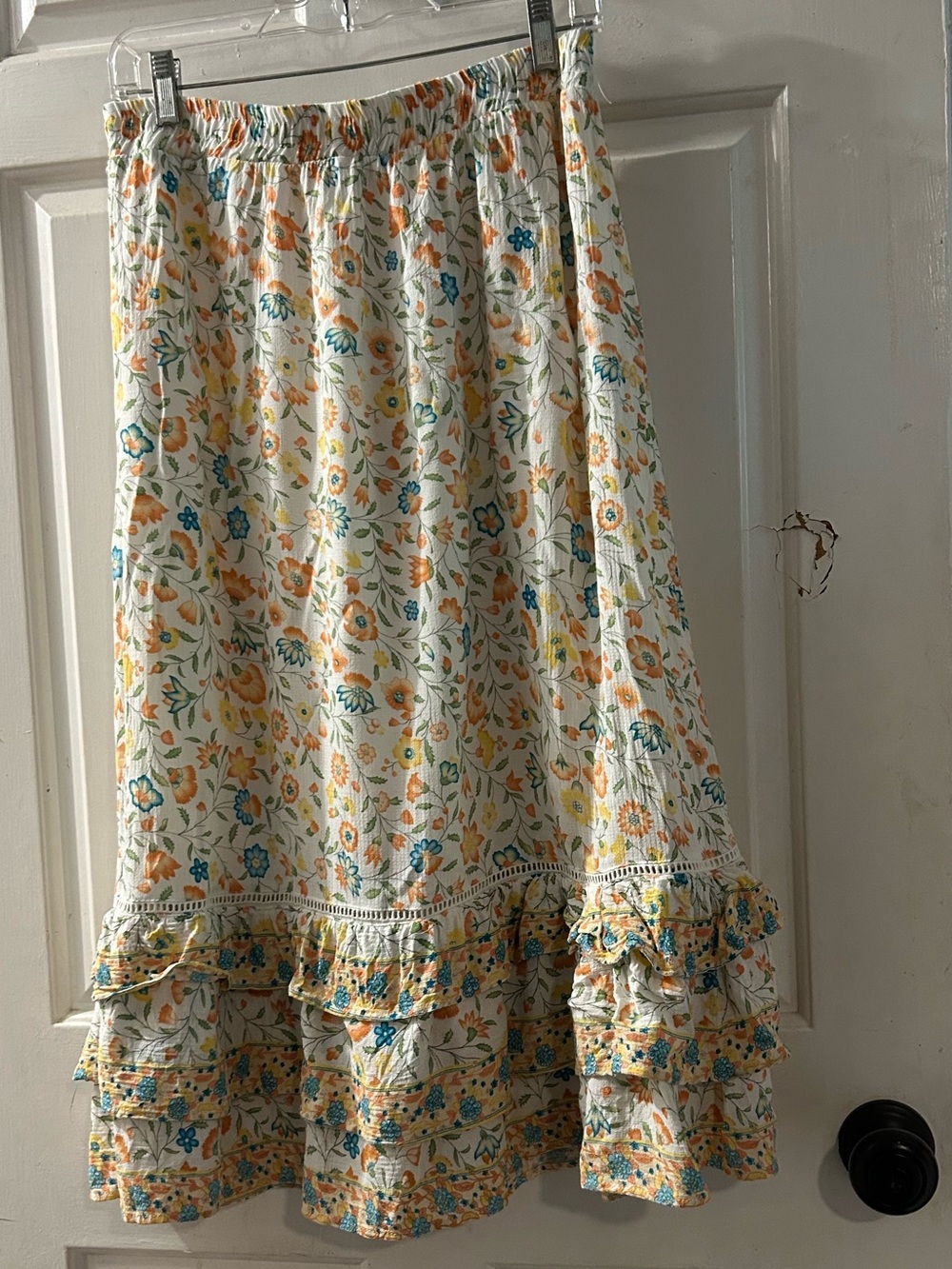 Boho Floral Ruffle Midi Skirt in Cream, Yellow & Blue